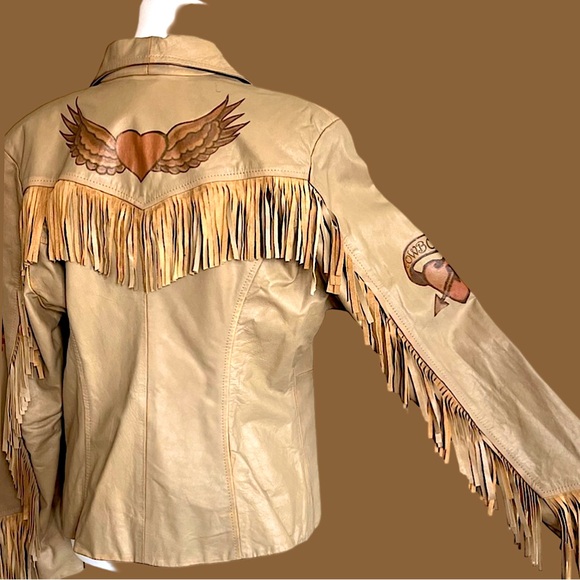 SCULLY “Rodeo Cowboy Fringe Love Tattoo” Leather Jacket Size L Western Rodeo Y2K - Picture 5 of 15